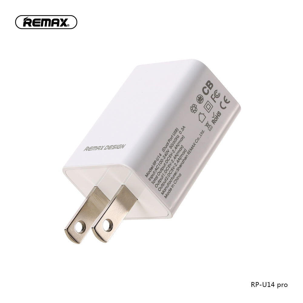 Remax Charger with Dual USB Ports and Data Cable RP-U14 Pro for Lightning 2.4A - White