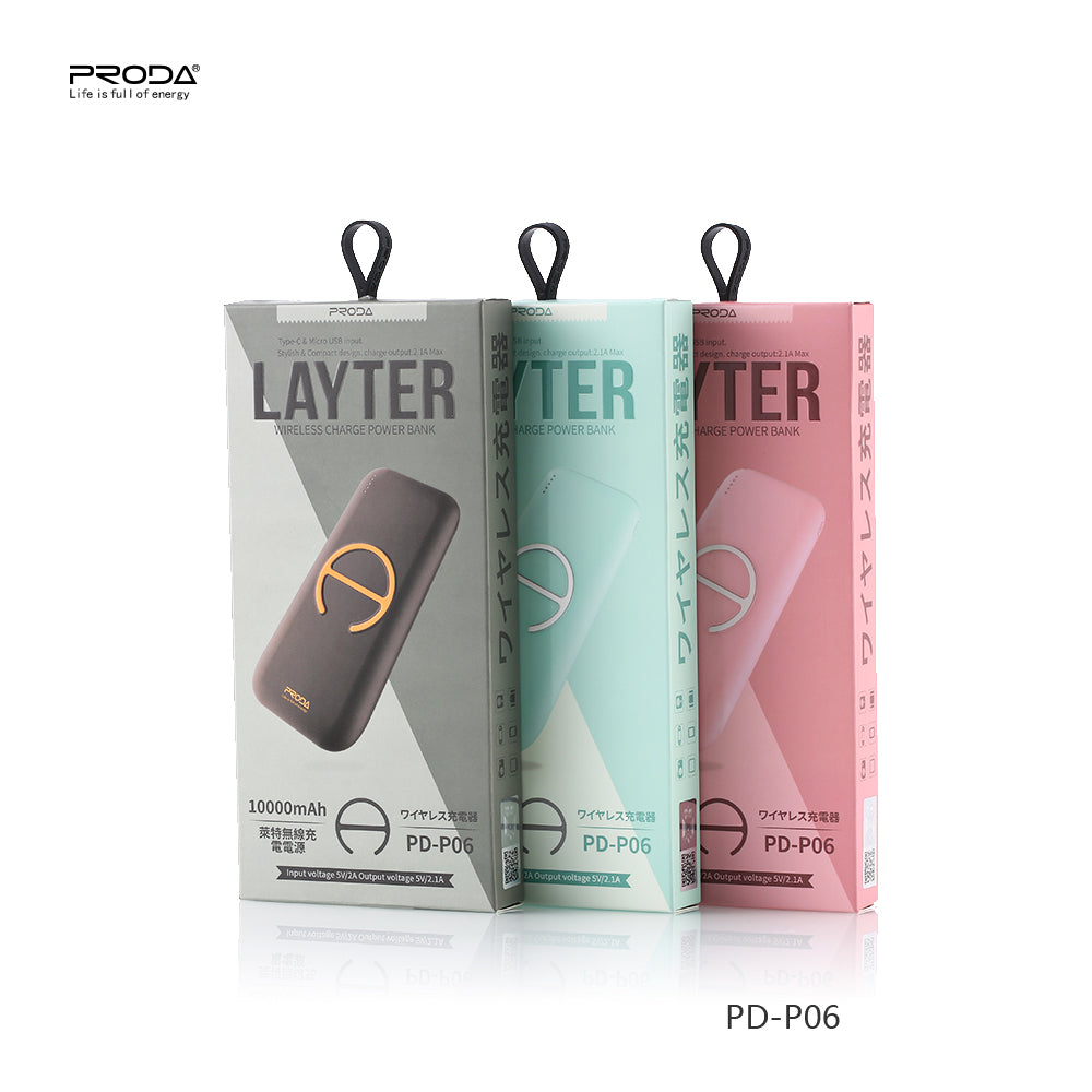 Proda Layter Wireless Charger Power Bank 10000 mAh PD-P06 - Pink
