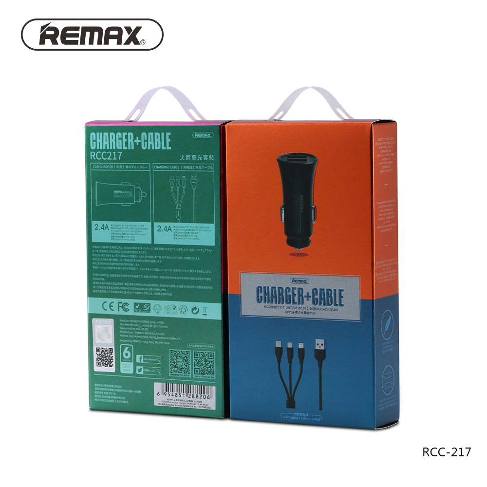 Remax Rocket Car Charger Set RCC-217 2.4A with 3-in-1 Cable - Black