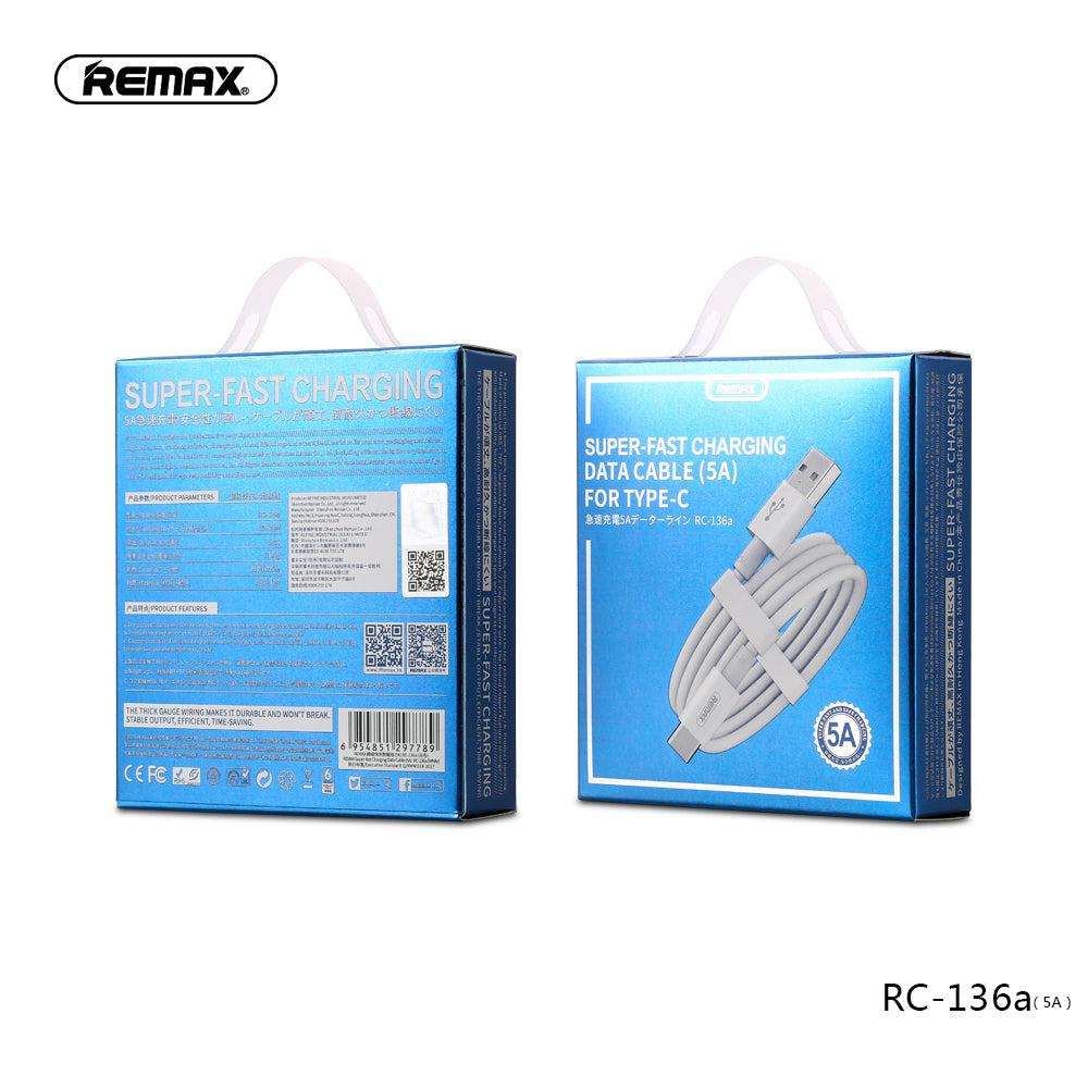 Remax Super-Fast Charging Data Cable (5A) for Type-C RC-136a quick charge - White