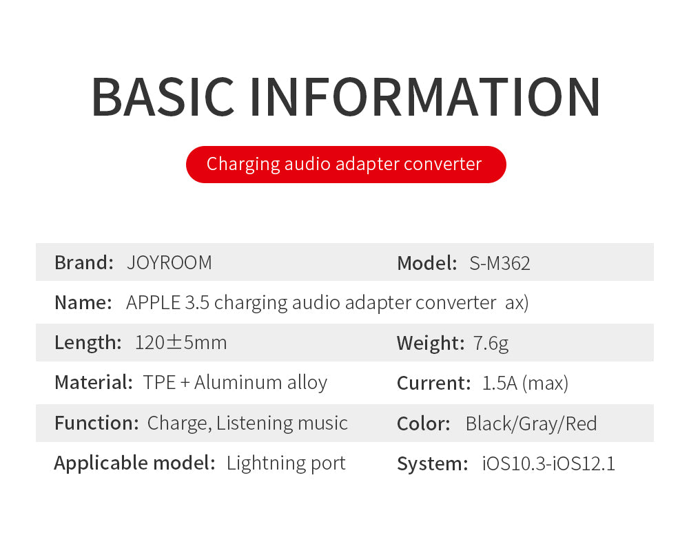 Joyroom Converter S-M362 Jack 3.5mm Audio to Lightning - Black