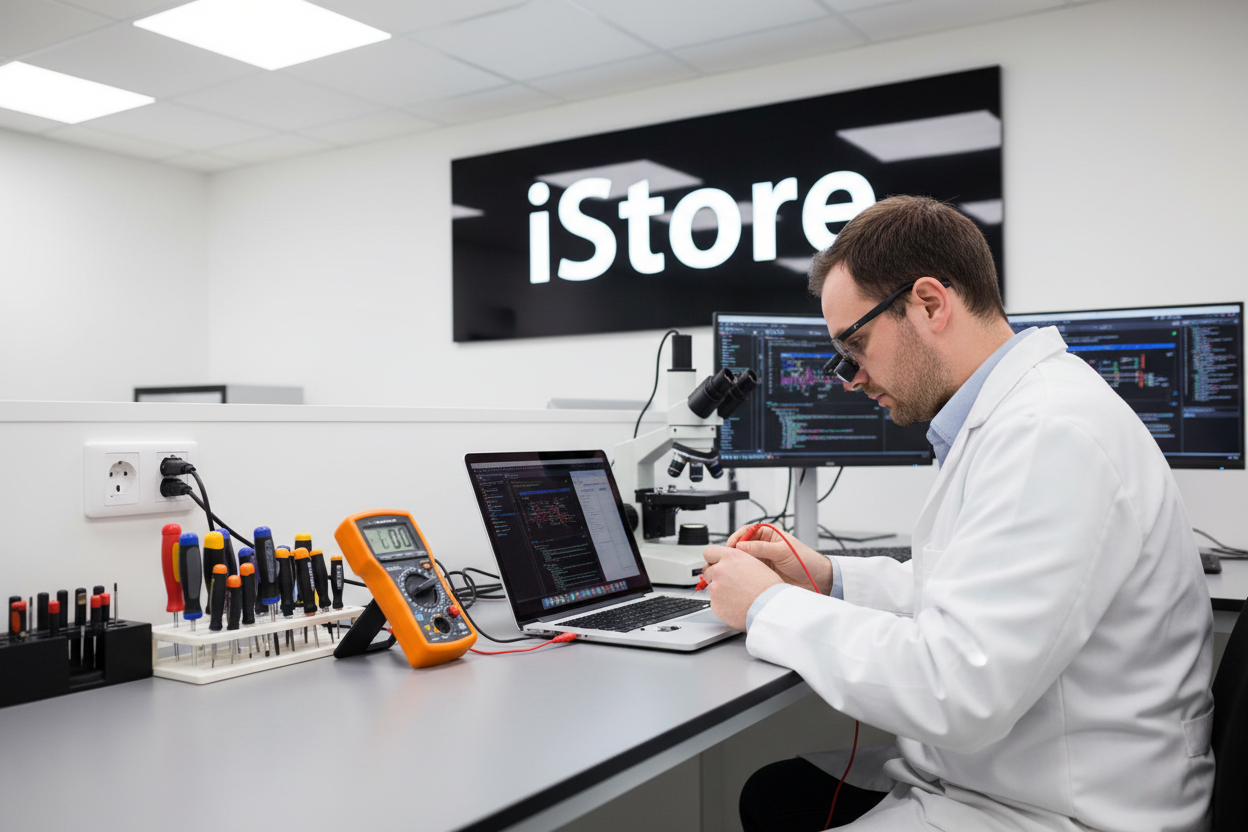 Diagnóstico profesional con logo iStore