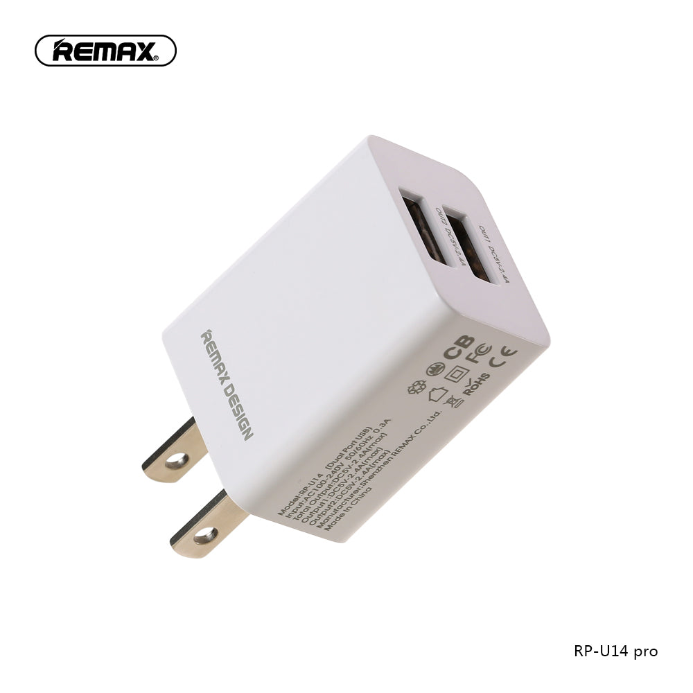 Remax Charger with Dual USB Ports and Data Cable RP-U14 Pro for Lightning 2.4A - White