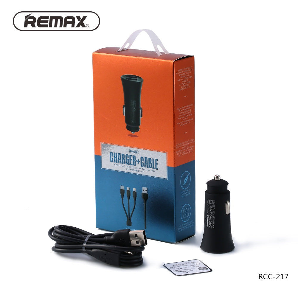 Remax Rocket Car Charger Set RCC-217 2.4A with 3-in-1 Cable - White