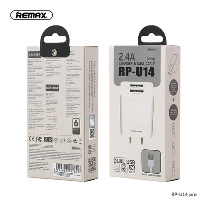 Remax Charger with Dual USB Ports and Data Cable RP-U14 PRO for Micro USB 2.4A - White