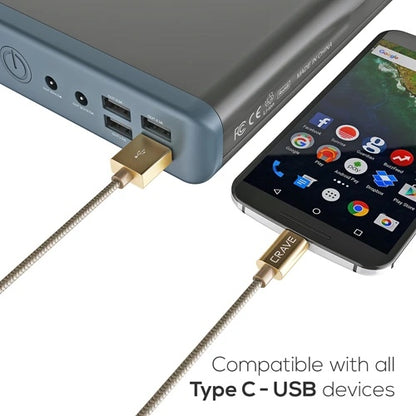Crave Nylon Type-C to USB 3-foot Cable - Gold