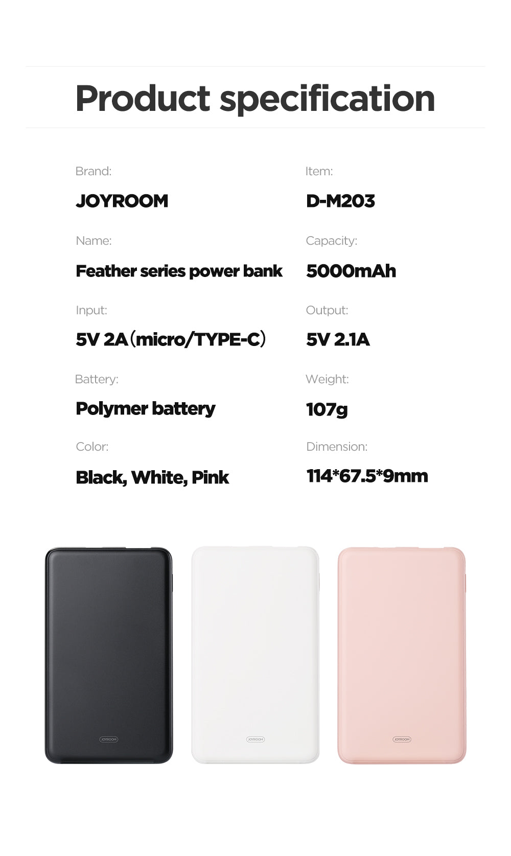 Joyroom Feather Series Power Bank D-M203 5000 mAh - White