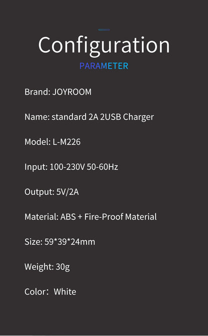 Joyroom Travel Charger L-M226 Single Charger 2.4A 2 USB - White