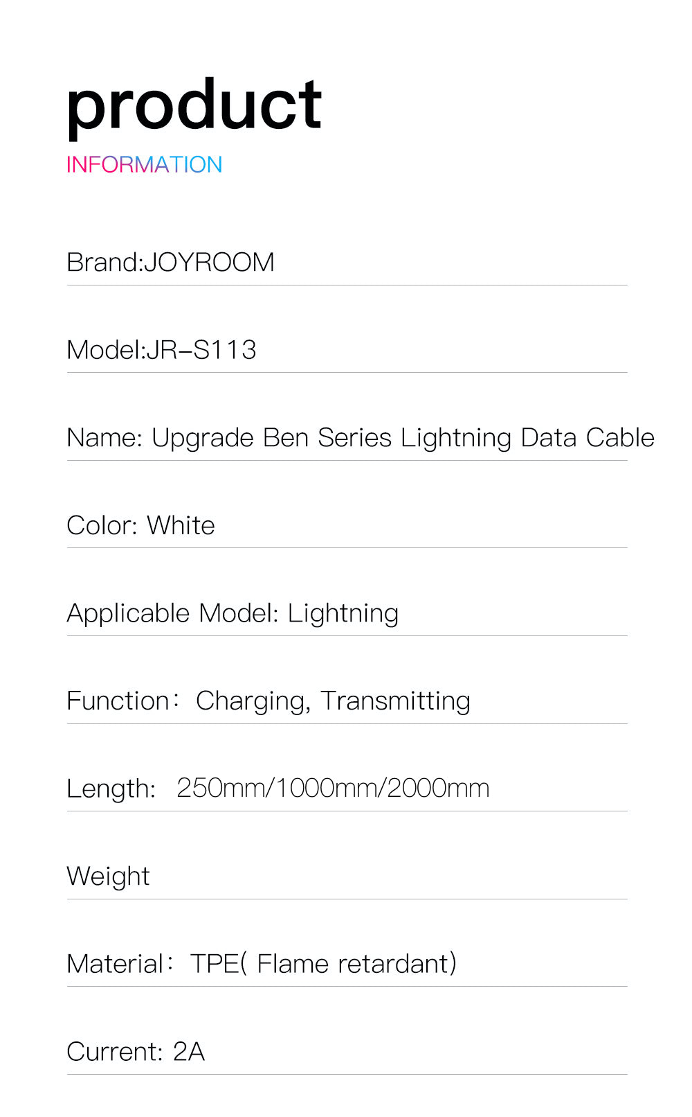 Joyroom Ben Series Lightning Data Cable JR-S113 2M - White