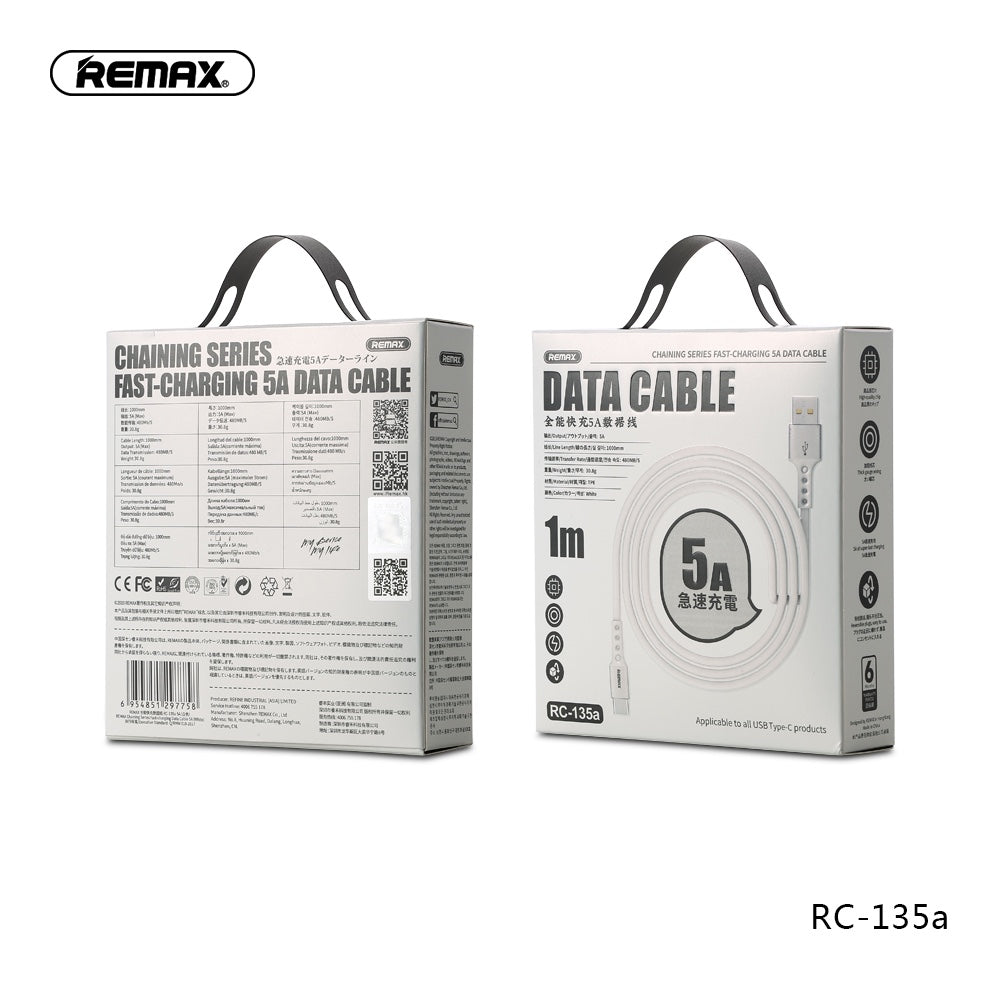Remax Chaining Series Fast-Charging 5A Data Cable for Type-C RC-135a quick charge - White
