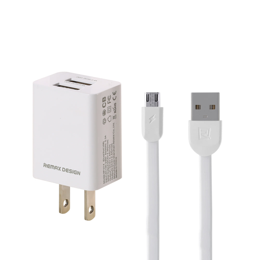 Remax Charger with Dual USB Ports and Data Cable RP-U14 PRO for Micro USB 2.4A - White