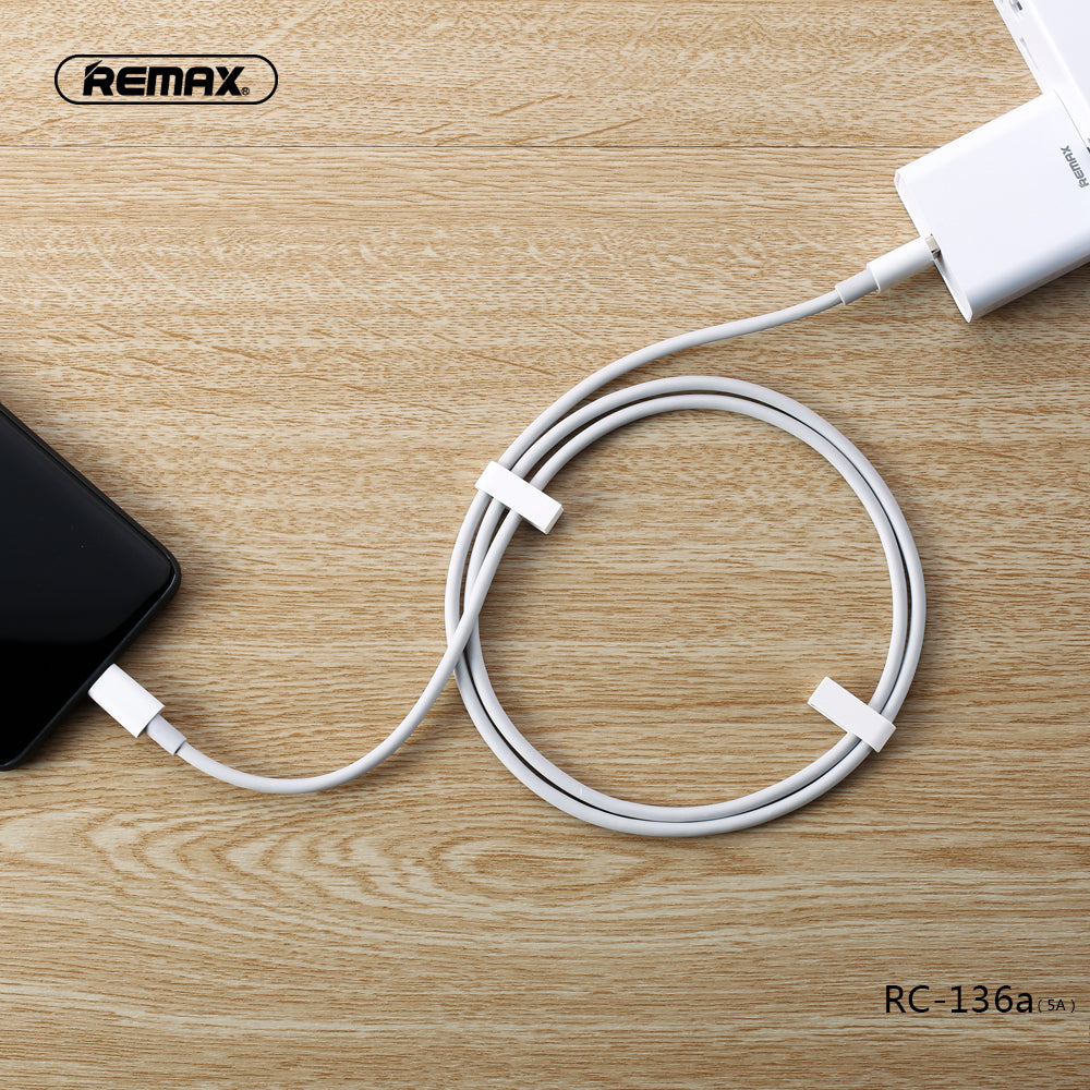 Remax Super-Fast Charging Data Cable (5A) for Type-C RC-136a quick charge - White