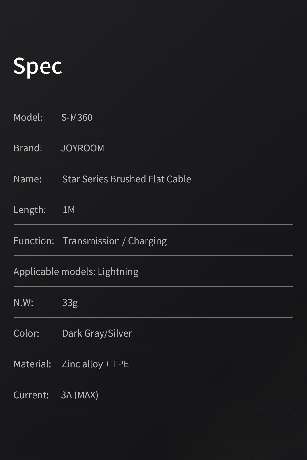 Joyroom Star Series Drawbench Flat Data Cable 1M S-M360 Lightning - Silver